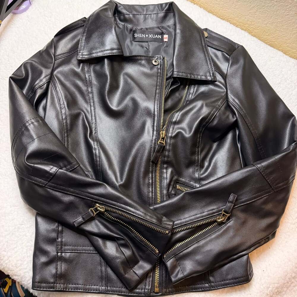Shen Xuan Faux Leather Biker Jacket Size L Black